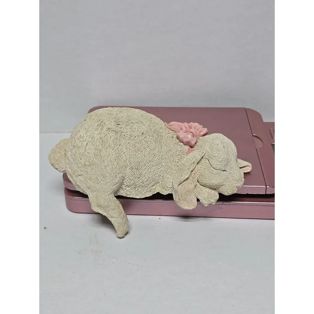 Sleeping White Bunny Rabbit with Pink Bow Resin Shelf Sitter Spring Nursery Room